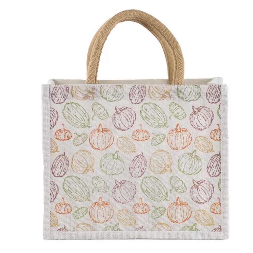 New The Royal Standard Jute Pumpkin Print Tote Bag 12" w X 10" h X 8" d
